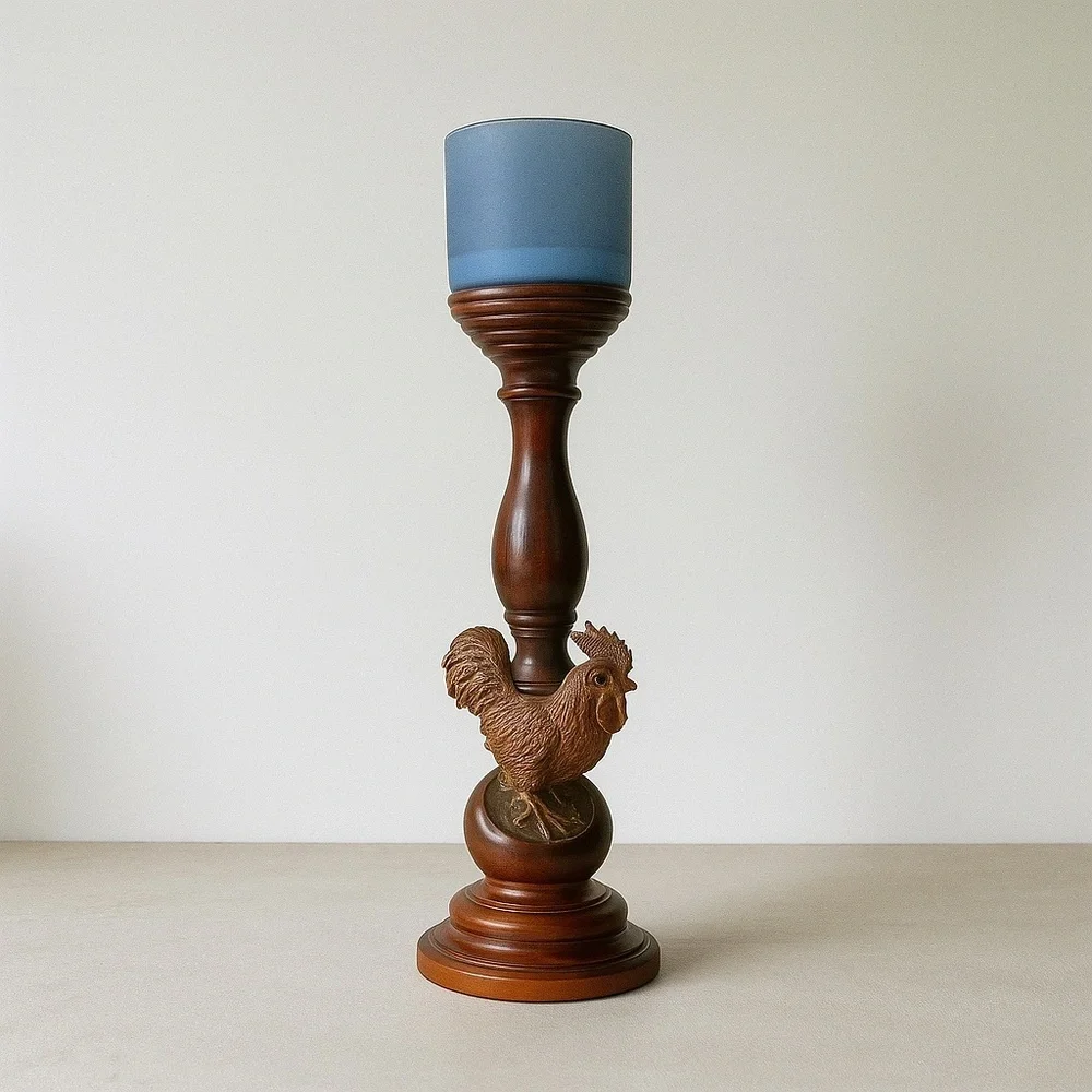 Rustic Rooster Pillar Candle Holder Dark Wood Resin Stand Farmhouse Country 16